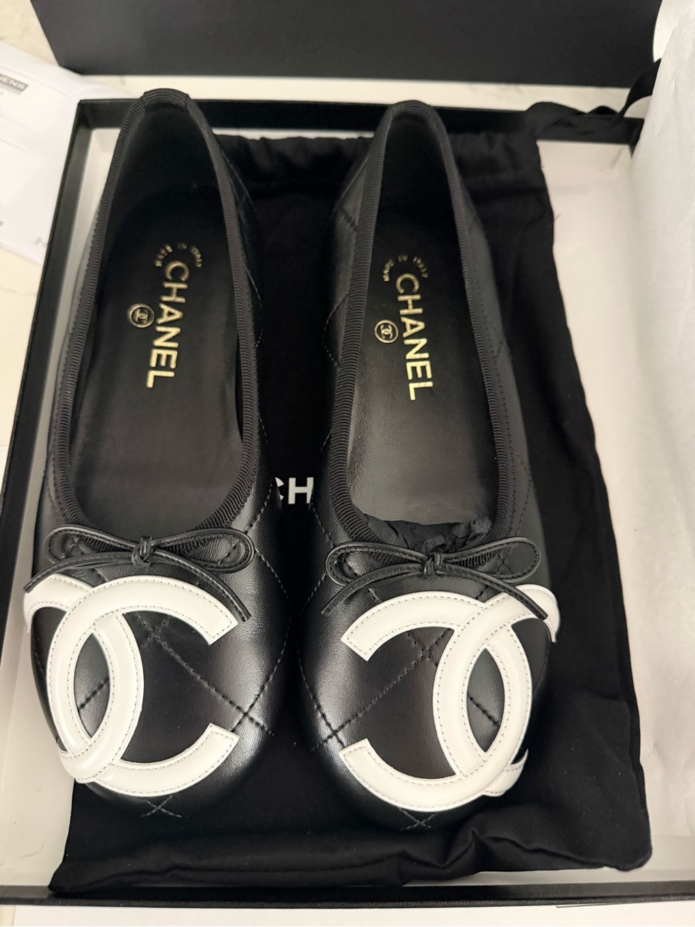 CHANEL Cambon NEW WITH BOX AND RECEIPTBlack & White Quilted Leather Ballet Flats